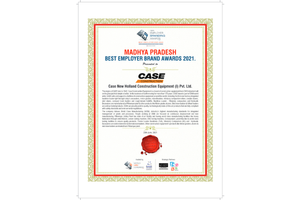 CASE Construction Equipment certified as Madhya Pradesh’s Best Employer Brand for 2021 at World HRD Congress